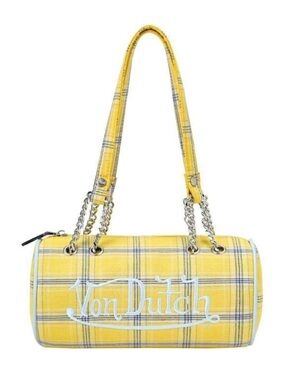 Von Dutch Yellow Plaid Barrel Shoulder Bag with Chain-Strap